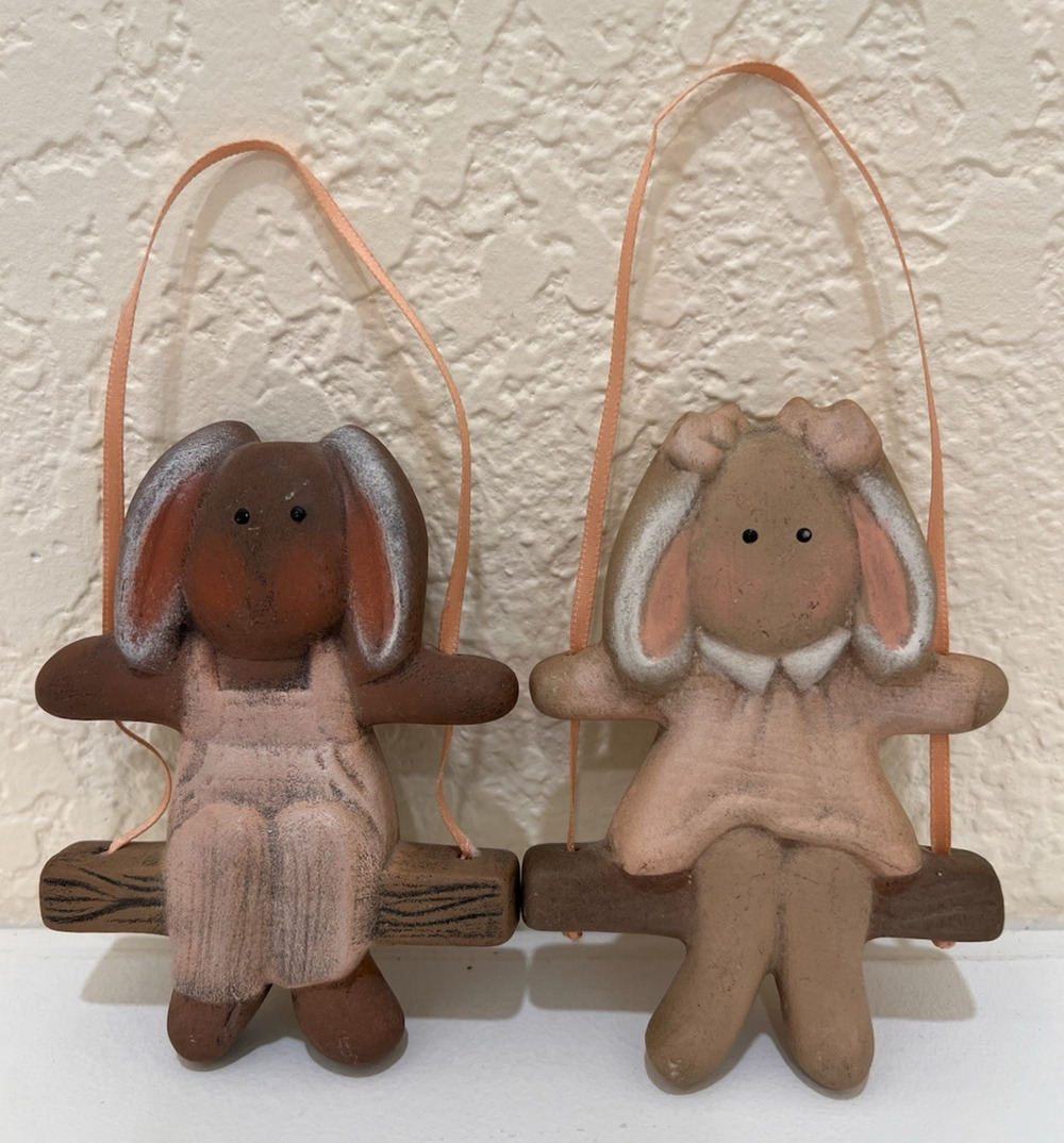 Ceramic Bunny Rabbit Pair On Swing Figurines Ornaments Farmhouse Cottage Core